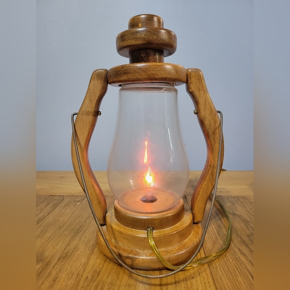 Rustic Wooden Electric Lantern With Glass Chimney And Flickering Light - Picture 1 of 8